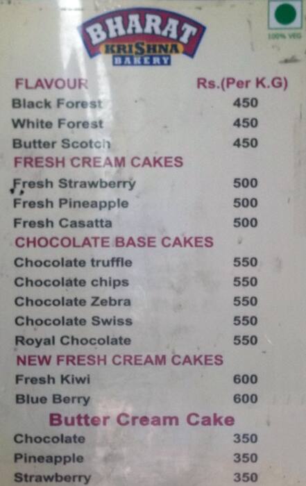 Bharat Krishna Bakery menu
