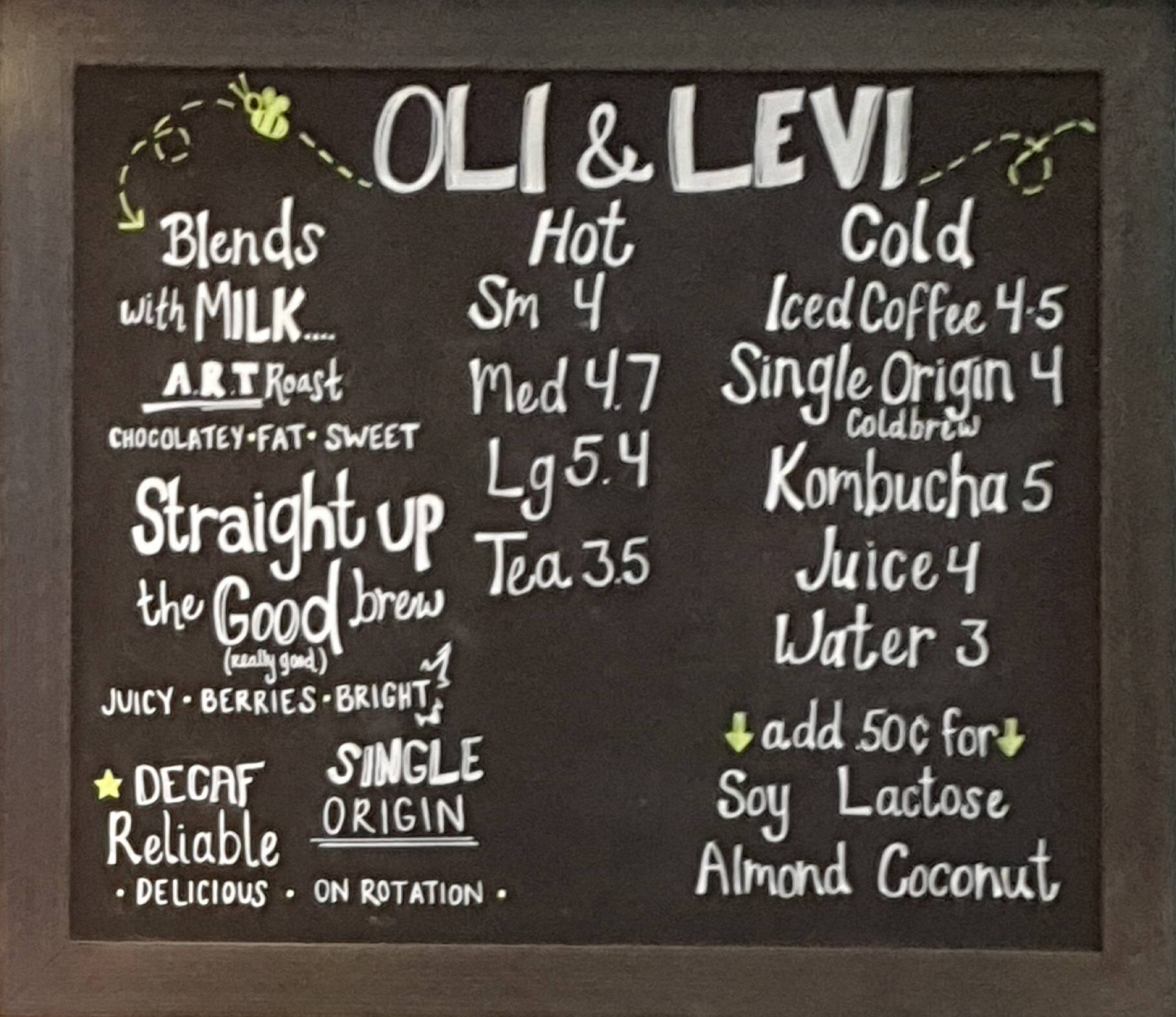 Levi Menu Menu at Oli & Levi cafe, Melbourne, 446 Collins St