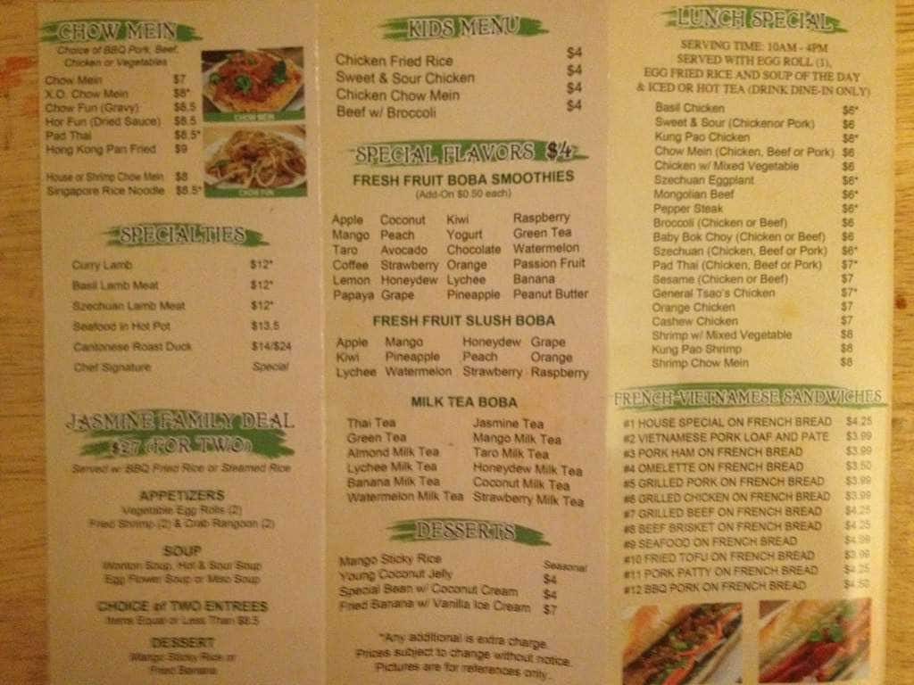 Menu at Jasmine Express restaurant, North Las Vegas, Camino Al Norte