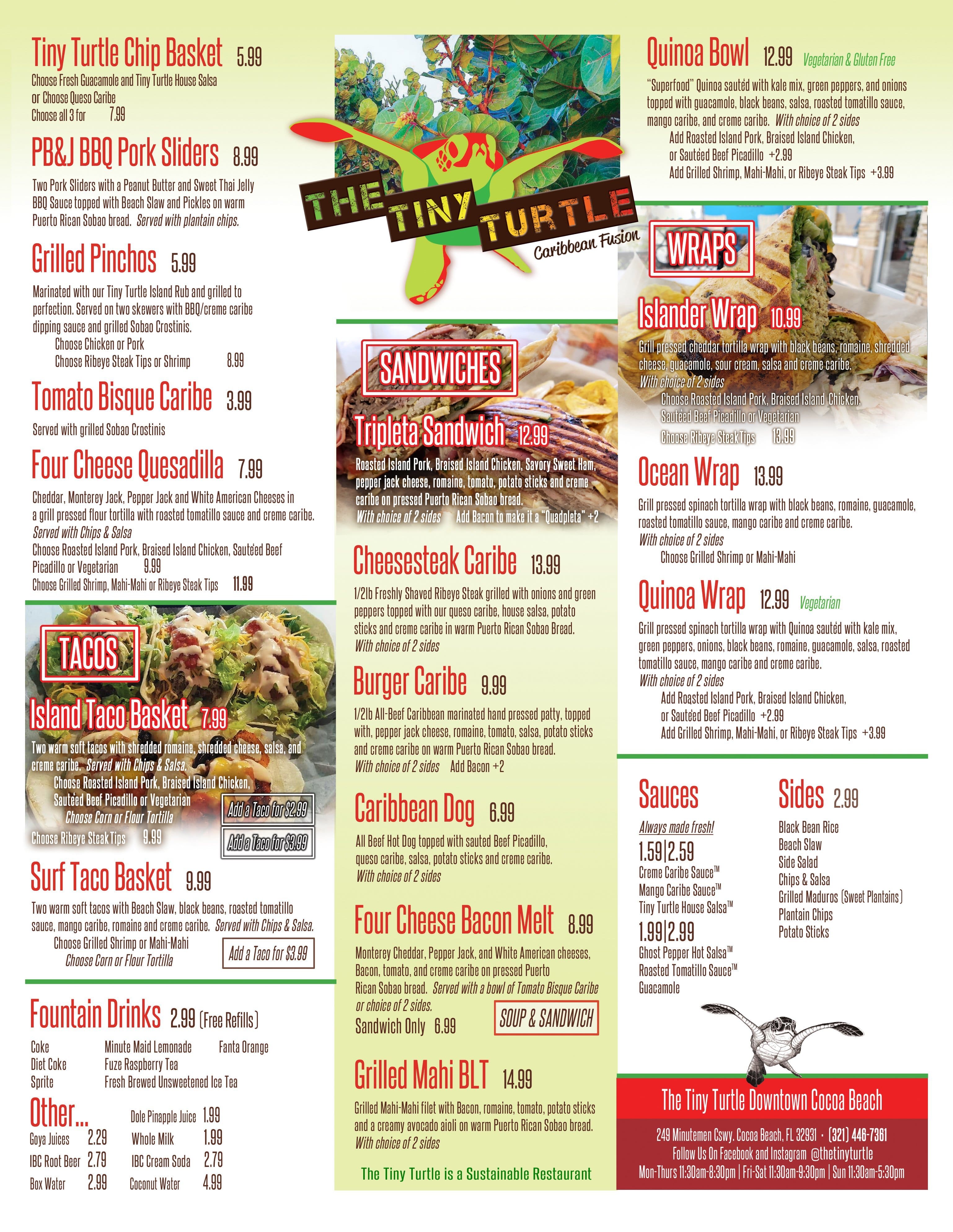 Menu at The Tiny Turtle restaurant, Cocoa Beach
