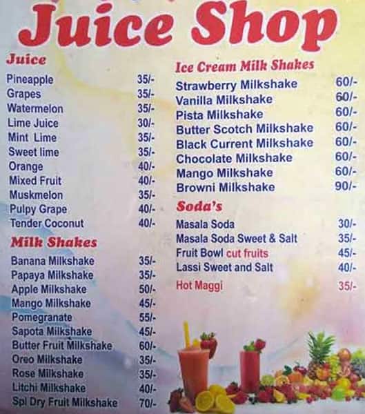 Menu of Sky Juice Center, Ghatkopar West, Mumbai