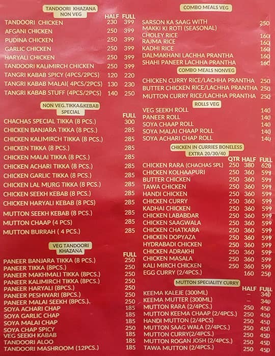 Menu of Chacha s Take Away Restaurant DLF Phase 1 Gurgaon