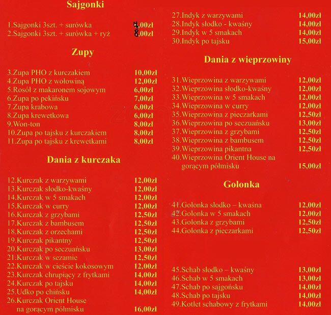 Orient House menu, Menu restauracji Orient House, KonstancinJeziorna
