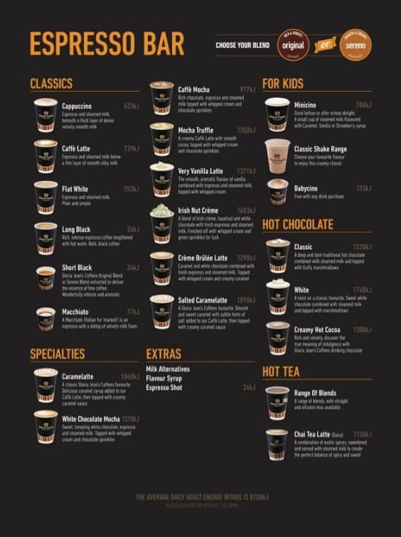 Menu at Gloria Jean's Coffee cafe, Mandurah