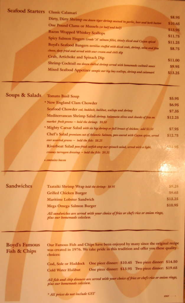 Menu at Boyd's Seafood restaurant, Calgary