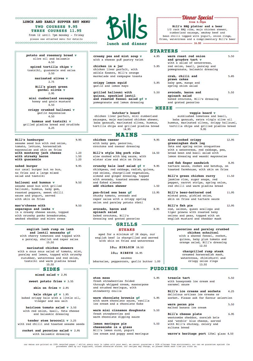 Menu At Bill s Restaurant Oxford