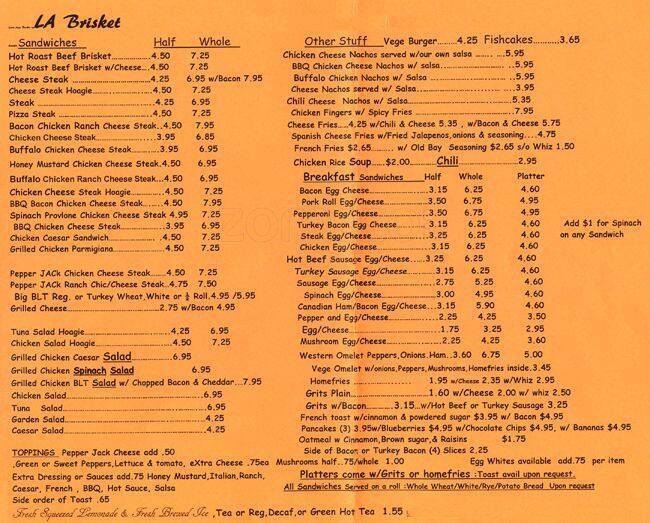 Menu at Bubby's Brisket fast food, Philadelphia, 103 N 15th St