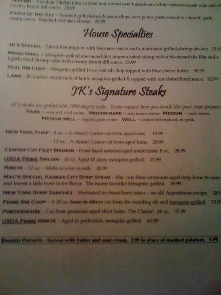 Menu at JK's Restaurant, Kill Devil Hills