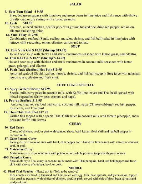 Carta del restaurante Thai Chili, San Antonio, Thousand Oaks Dr 10