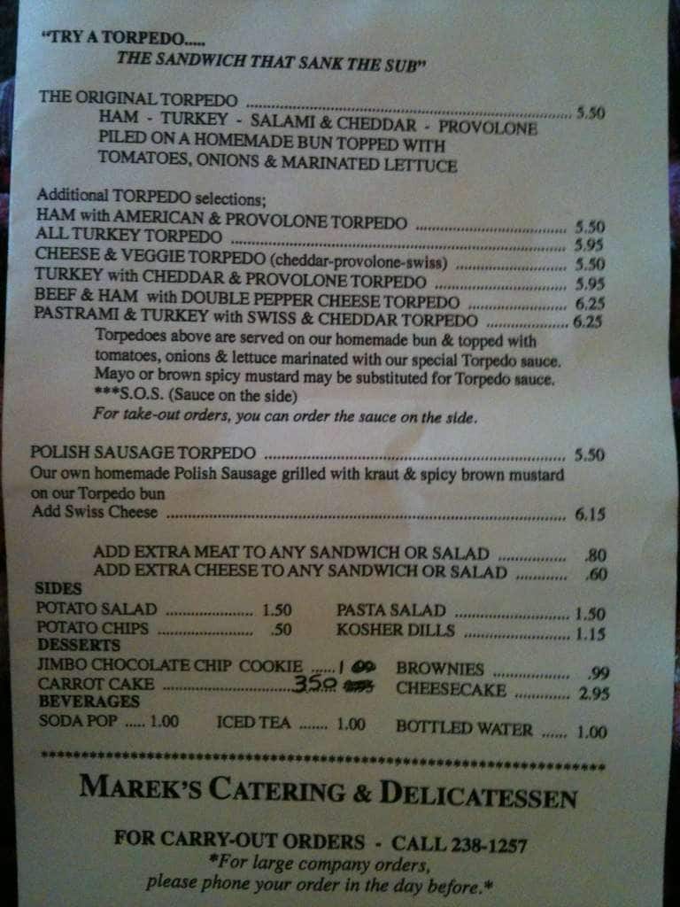 Menu at Marek's Catering & Delicatessen restaurant, Saint Joseph