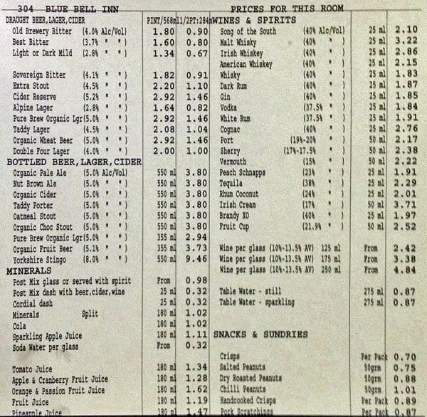 The Blue Bell Inn Menu, Menu untuk The Blue Bell Inn, Levenshulme