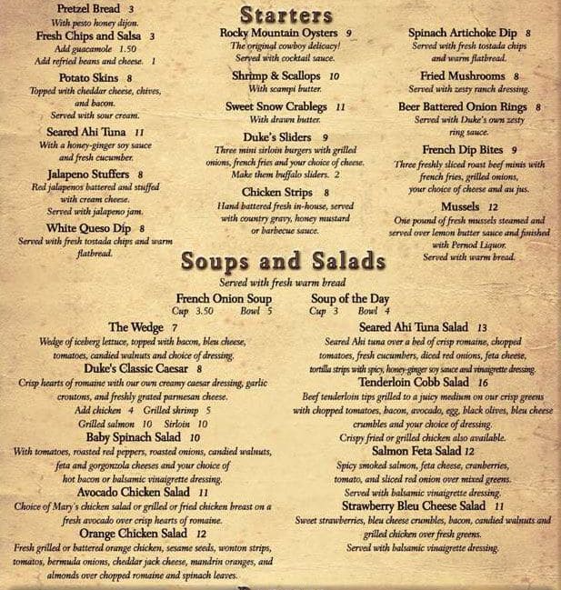 Menu at Dukes Steakhouse, Castle Pines