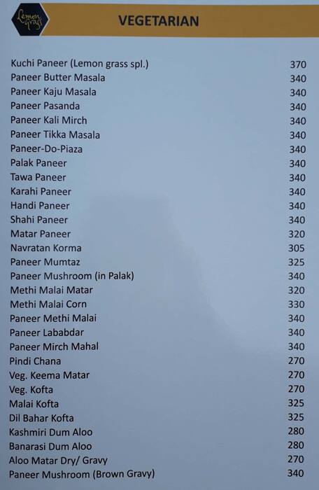 Lemon Grass Restaurant menu