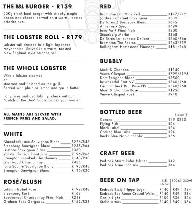 Burger & Lobster Menu, Menu for Burger & Lobster, CBD, Cape Town