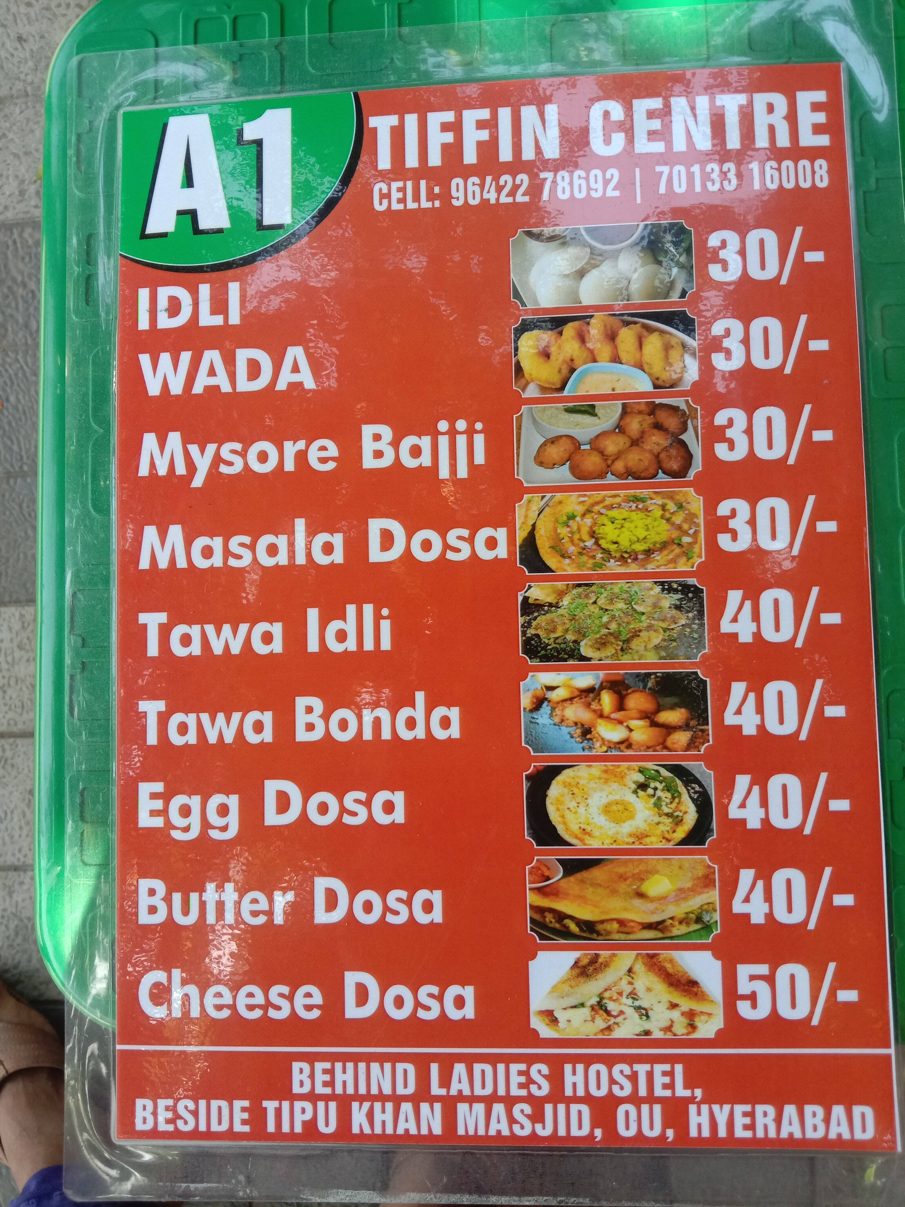 Menu of A1 Tiffin Centre, Padmarao Nagar, Secunderabad