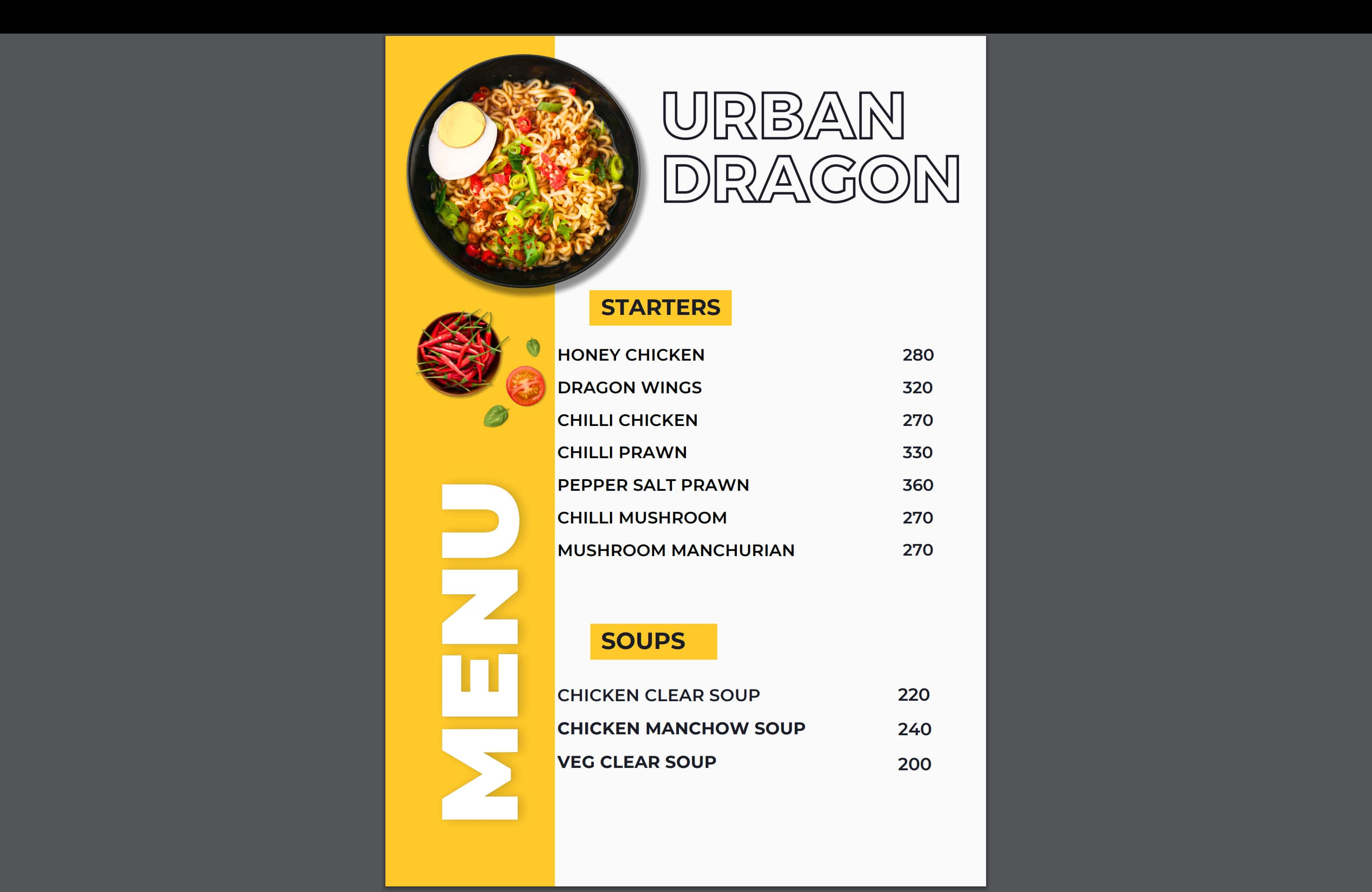 Menu of Urban Dragon, Auroville, Puducherry