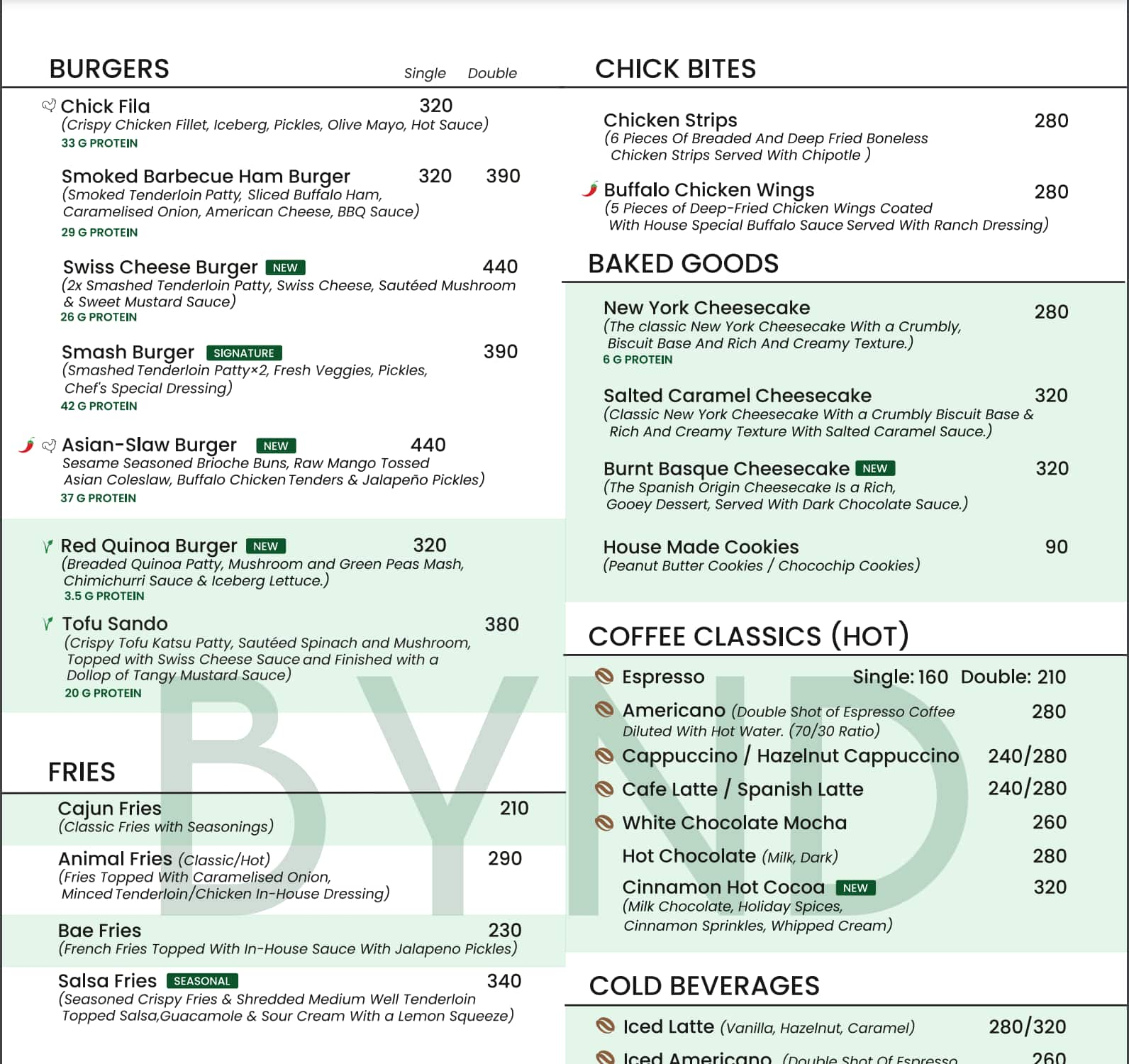 Menu of Beyondburg Inc, Race Course Road, Bangalore