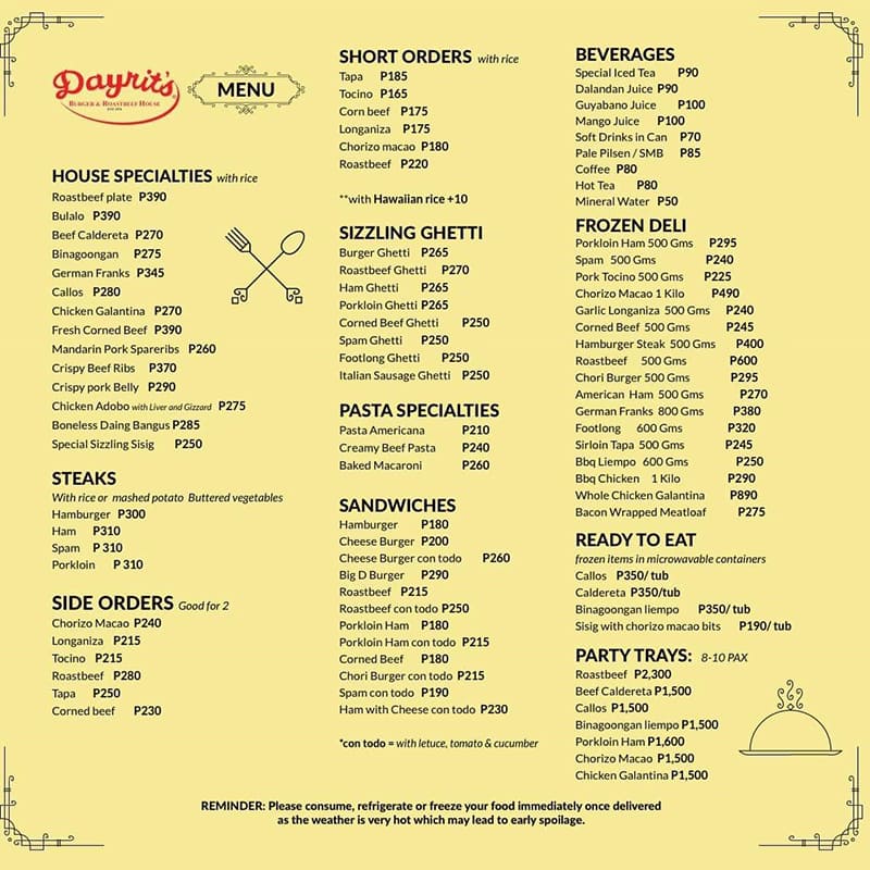 Menu at Dayrit's Burger & Roast Beef House restaurant, Makati