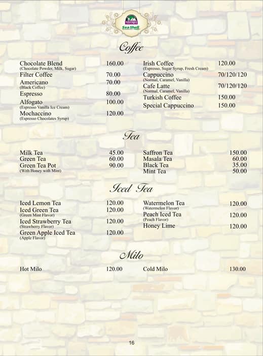 Savoury Sea Shell menu