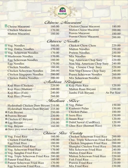 Savoury Sea Shell menu