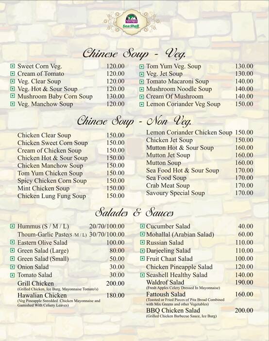 Savoury Sea Shell menu