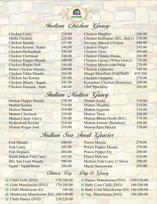 Savoury Sea Shell menu
