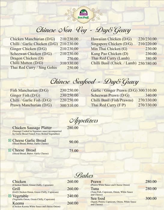 Savoury Sea Shell menu