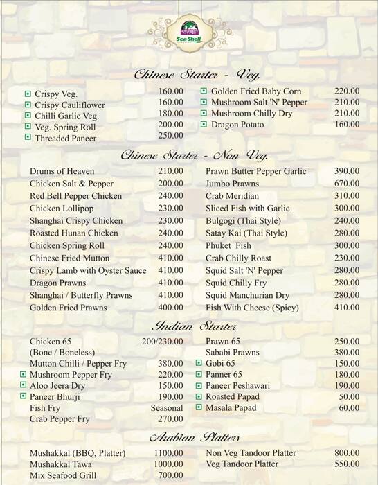Savoury Sea Shell menu