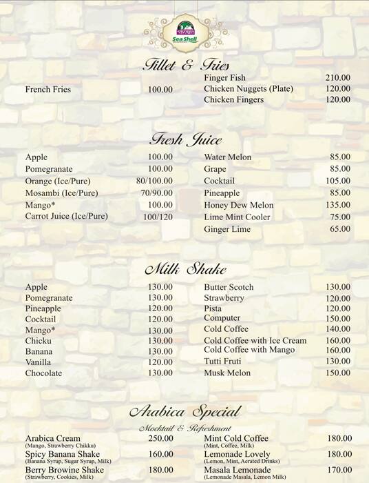 Savoury Sea Shell menu