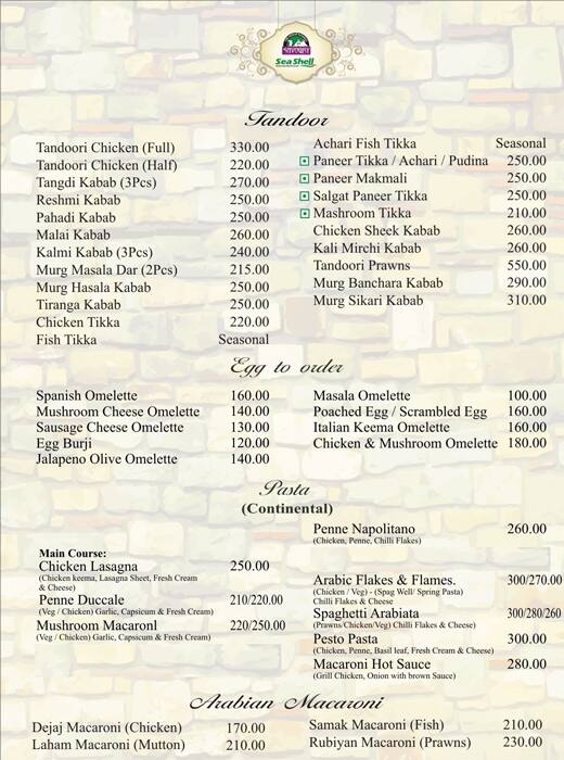 Savoury Sea Shell menu
