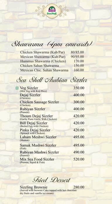 Savoury Sea Shell menu
