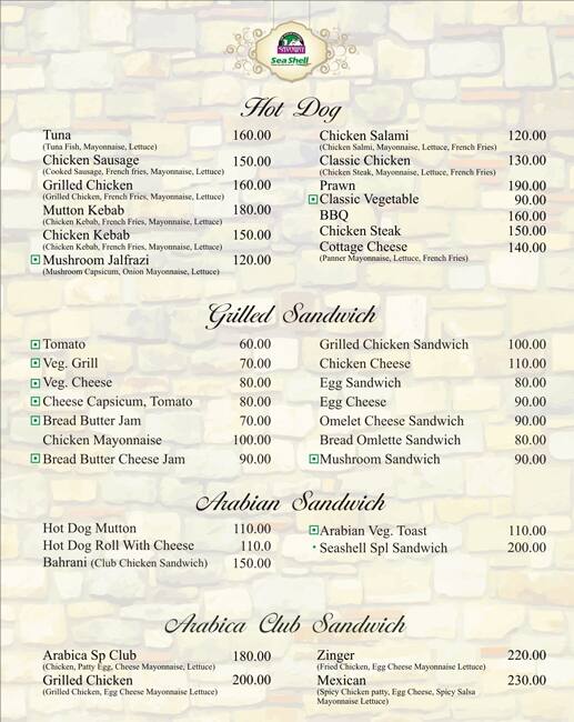 Savoury Sea Shell menu