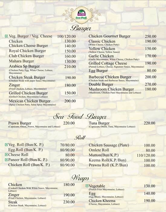 Savoury Sea Shell menu