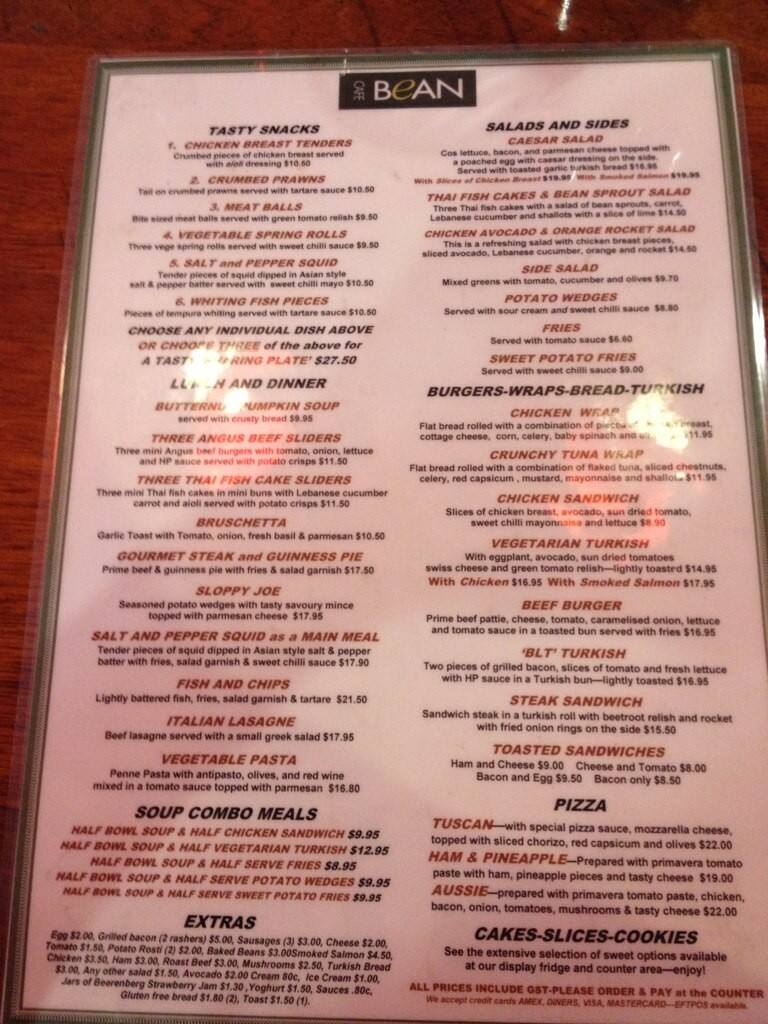 Menu at Cafe Bean, Bunbury