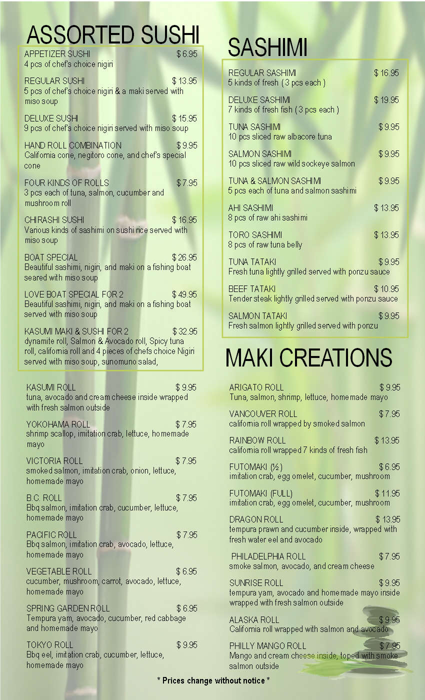 Menu at Kasumi Sushi restaurant, Colwood