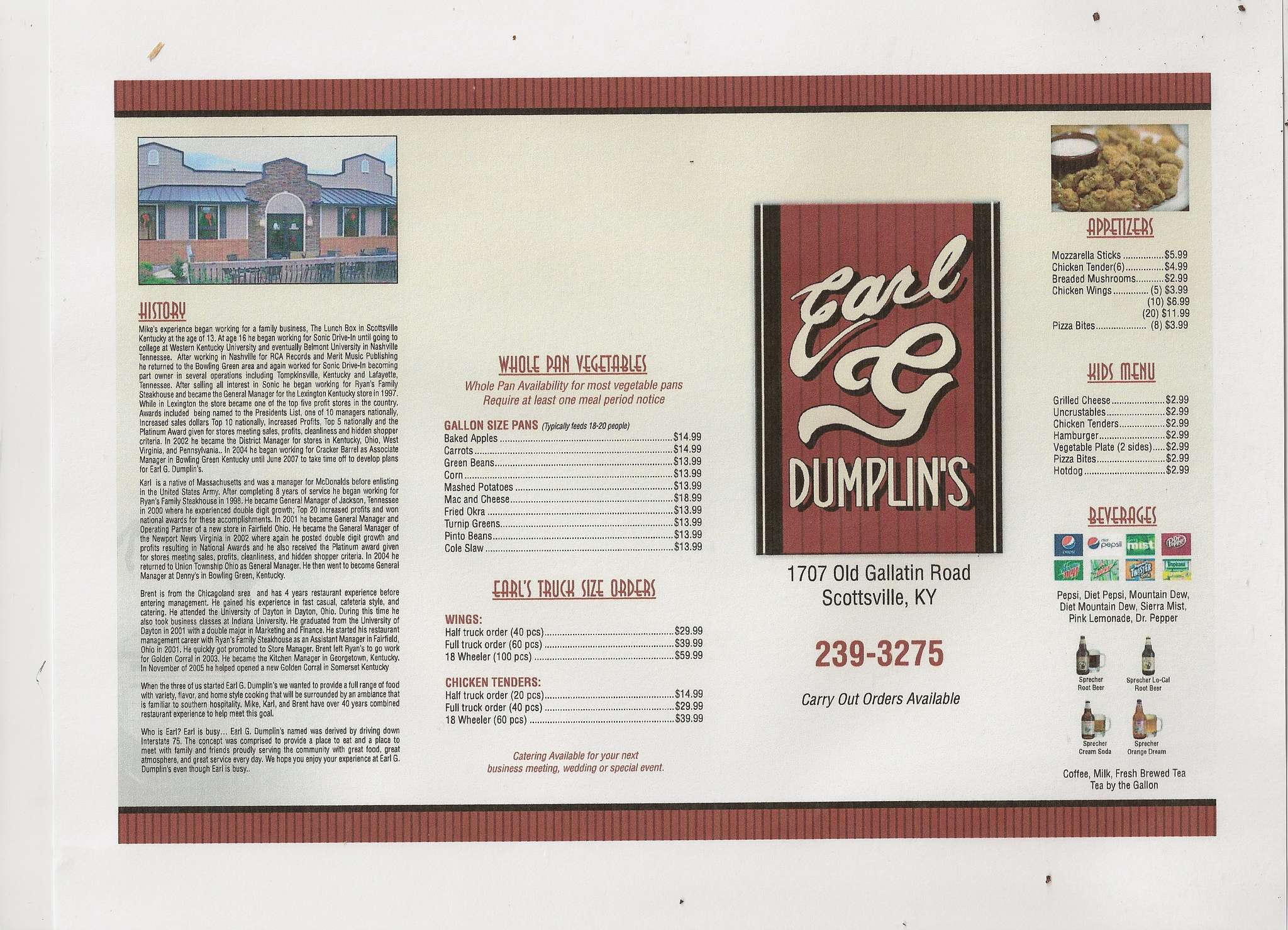 Menu at Earl G Dumplins restaurant, Scottsville
