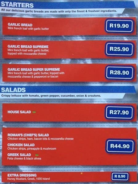 Romans pizza menu, menu for romans pizza, nelspruit, nelspruit ...