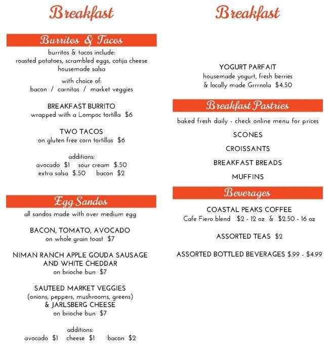 Cafe Fiero Menu, Menu for Cafe Fiero, San Luis Obispo, Santa Maria