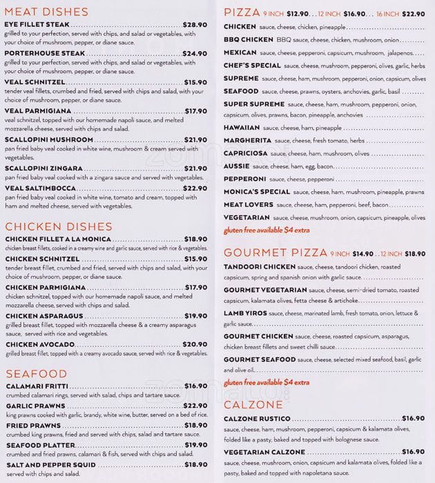 Monica's Dine In Menu, Menu for Monica's Dine In, Blakeview, Adelaide Urbanspoon/Zomato