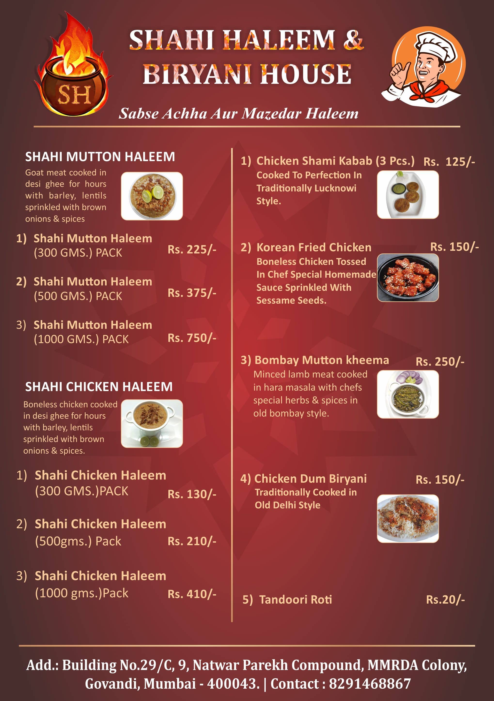 Menu of Shahi Haleem And Biryani House, Chembur, Mumbai