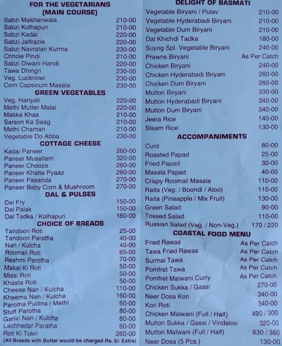 Menu of Hotel Suyog, Dombivali East, Thane