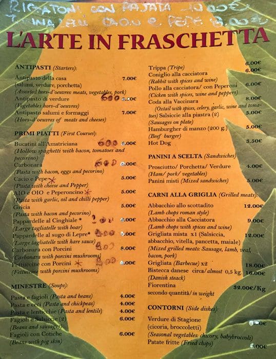 Menu di l arte in fraschetta 