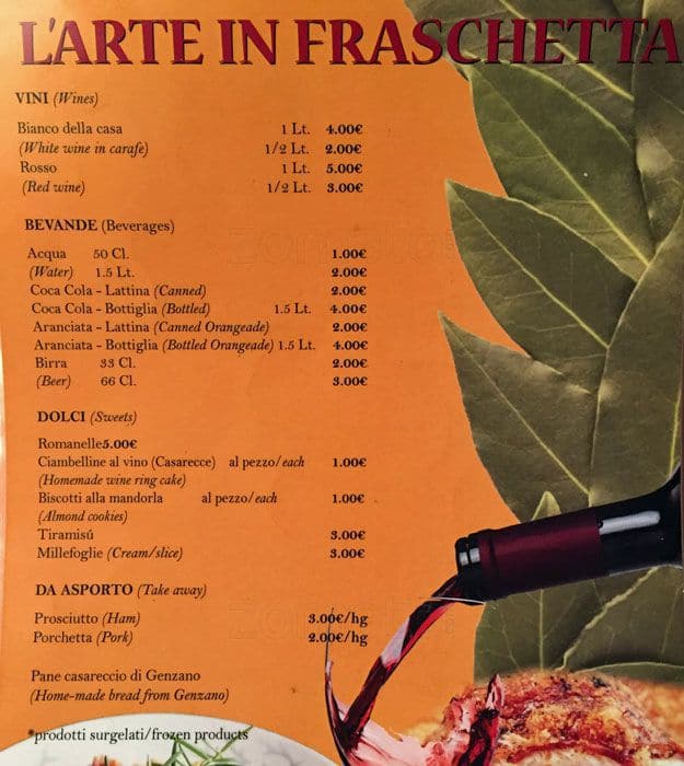 Menu di l arte in fraschetta 