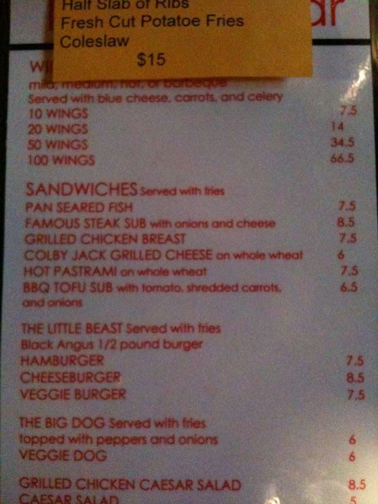 Wing Bar Menu, Menu for Wing Bar, Carroll Gardens, New York City