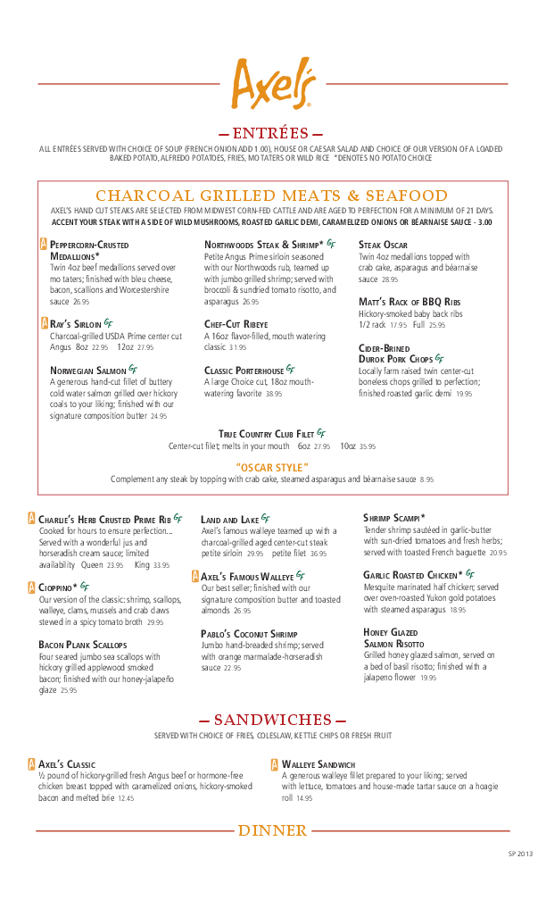 Menu at Axel's Restaurant Roseville, Roseville