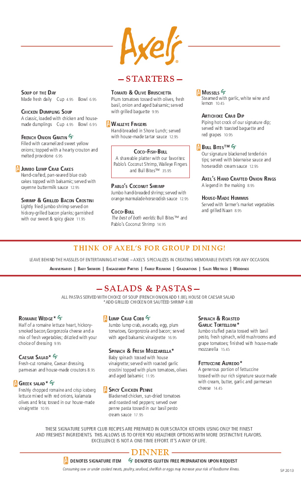 Axel's Menu, Menu for Axel's, Roseville, Twin Cities Urbanspoon/Zomato