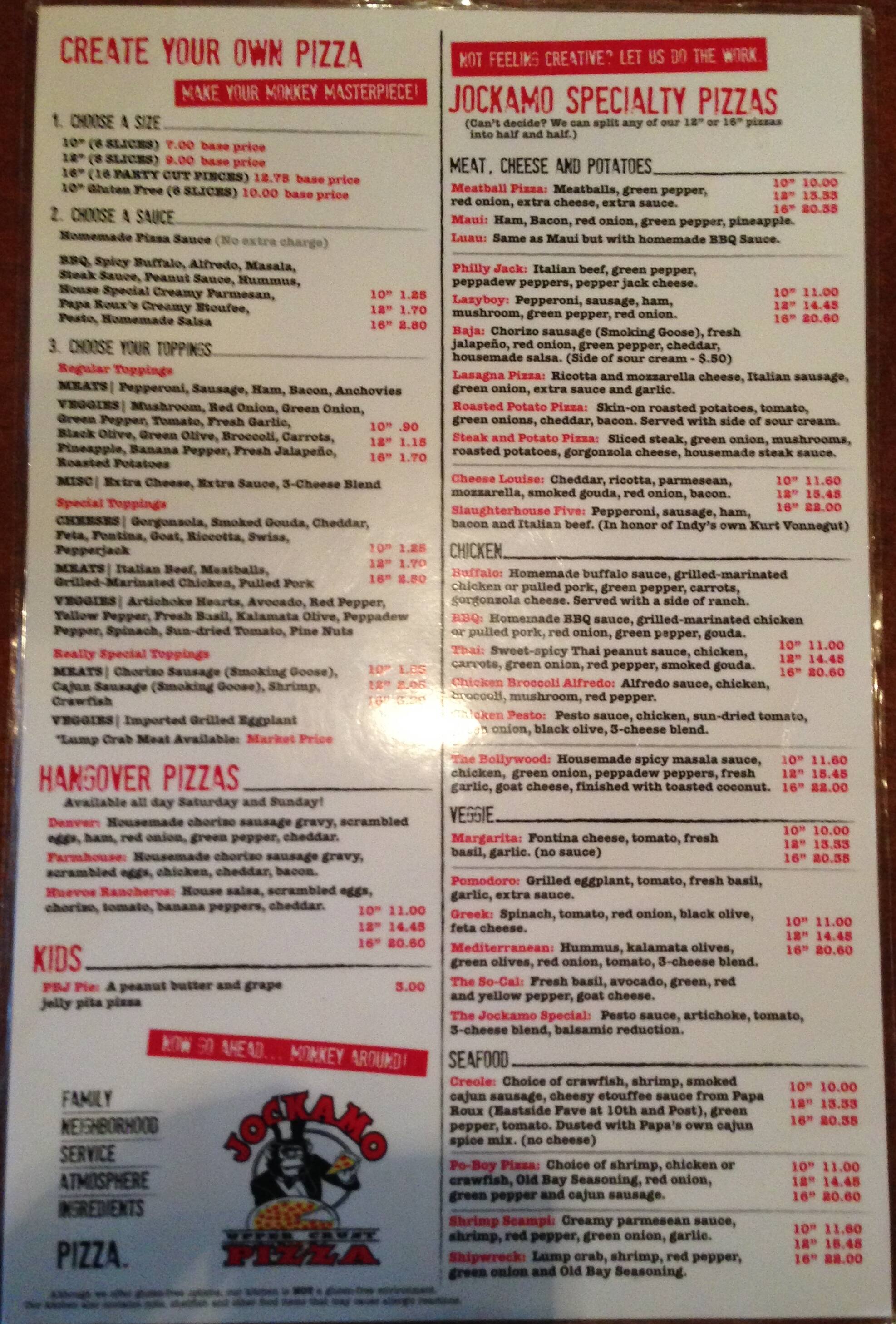Menu at Jockamo Upper Crust Pizza pizzeria, Indianapolis, E Washington St