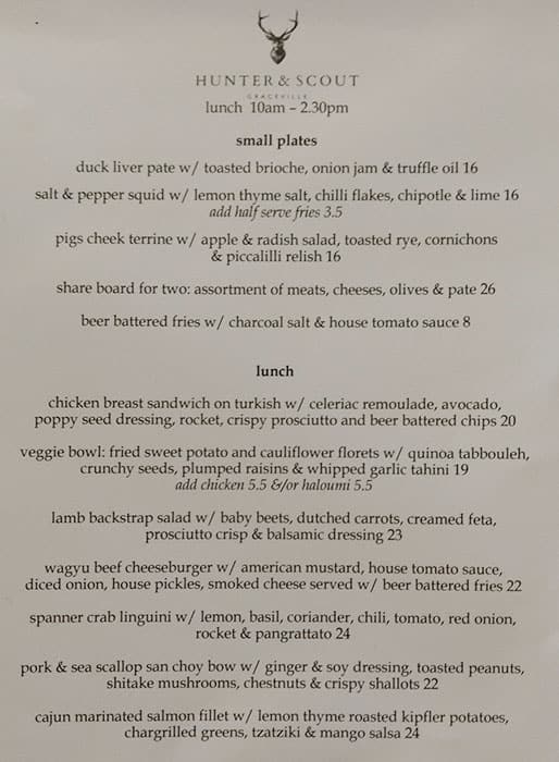 Menu at Hunter & Scout cafe, Graceville
