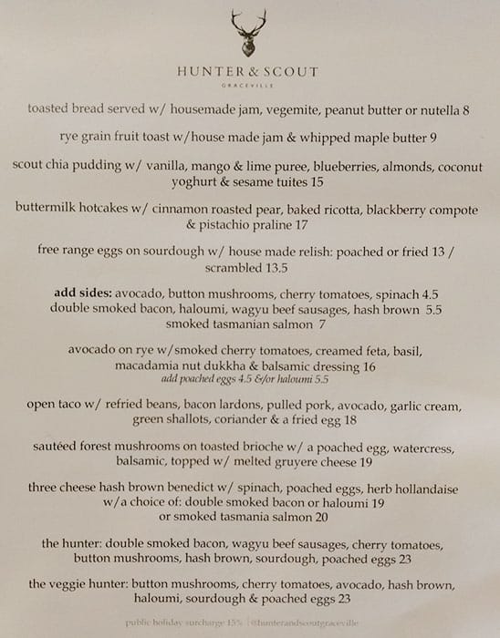 Menu at Hunter & Scout cafe, Graceville
