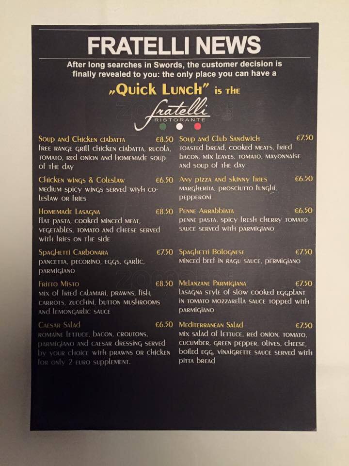 Fratelli Menu, Menu for Fratelli, Swords, Dublin Zomato Ireland